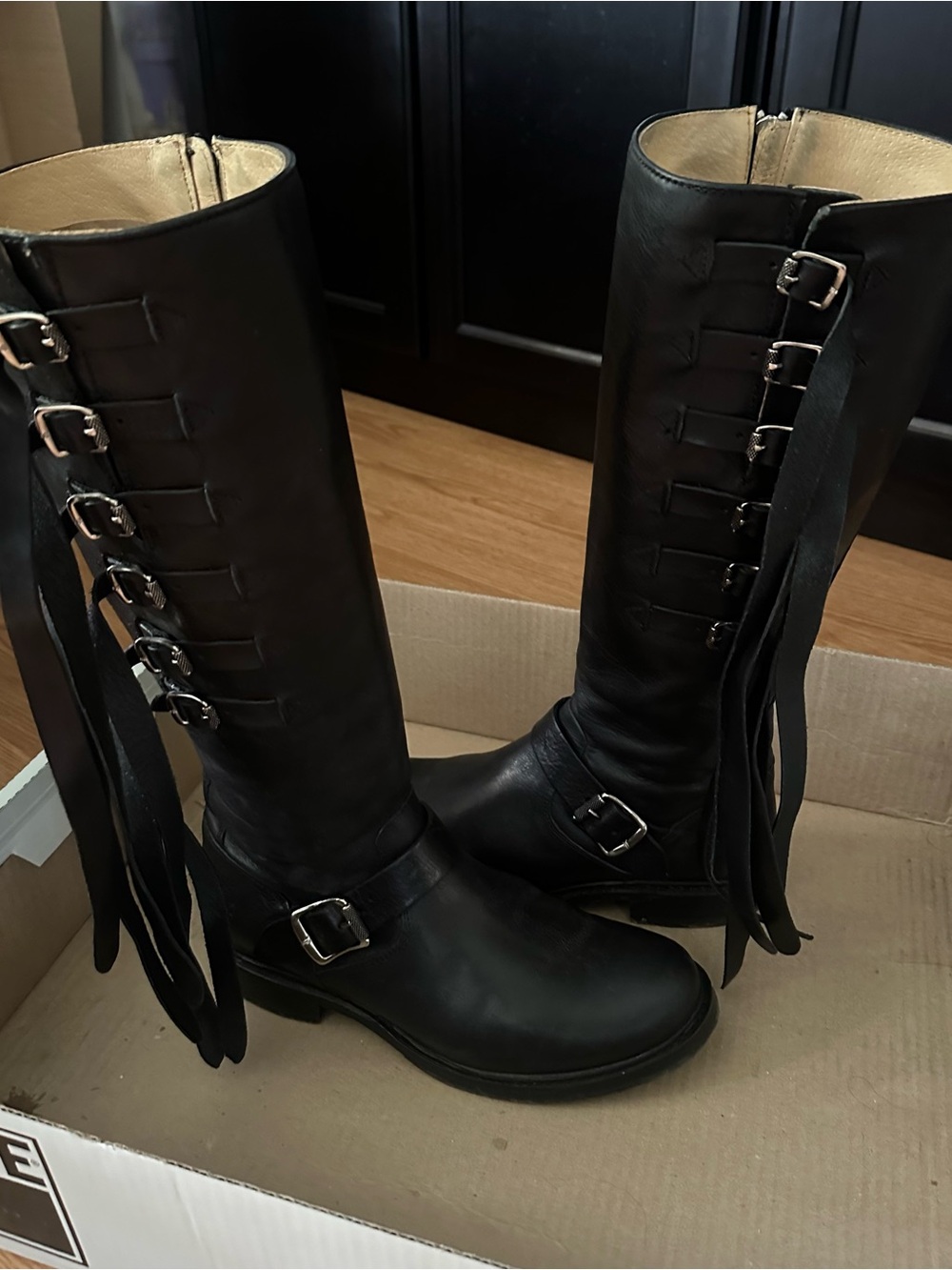 Frye Black Leather Tall Zip Fringe Boots with Buckles